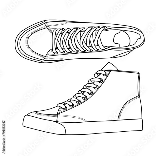 Template vector Men's High Top Sneakers, suitable for your custom sneaker shoes design, outline vector doodle illustration,  top, and side view, isolated with white background.