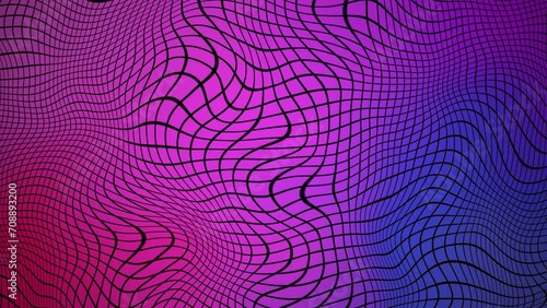 A grid-like pattern over a gradient background transitioning from red to purple to blue. The intersecting lines create a dynamic, distorted effect, giving the illusion of a three-dimensional