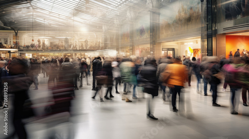 Indoor scene with numerous people in motion