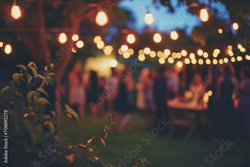 Outdoor party with lamp garlands and many people silhouettes, blurred background. AI generative