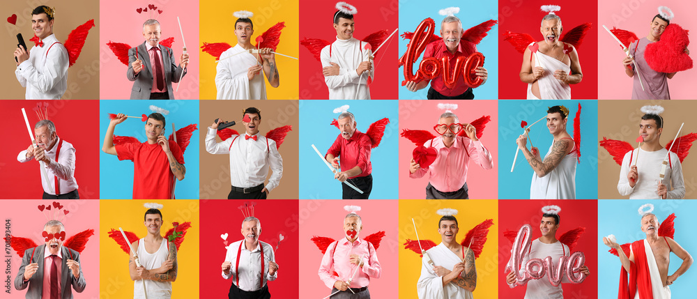 Collage of men dressed as Cupid on color background. Valentines Day celebration Collage of men dressed as Cupid on color background. Valentines Day celebration