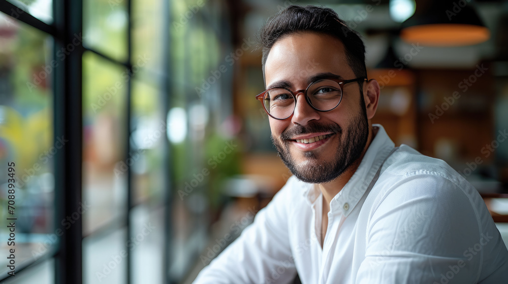 Smiling man with a beard and glasses, wearing a white shirt, against a softly blurred indoor background. Smiling man with a beard and glasses, wearing a white shirt, against a softly blurred indoor background.