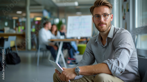 Professional, confident man in an office setting with a tablet in hand. In the background, there's a group of colleagues engaged in a discussion with a presentation board