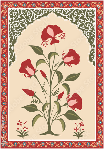Mughal decorative plant illustration. Traditional Indian Mughal floral Motif vector design.