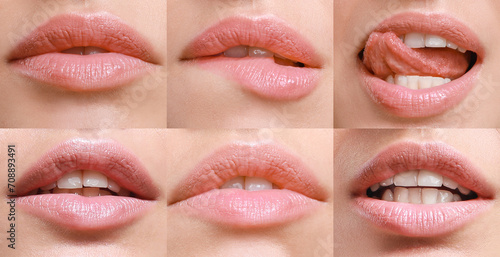 Collage of young woman s face with pink lipstick  closeup