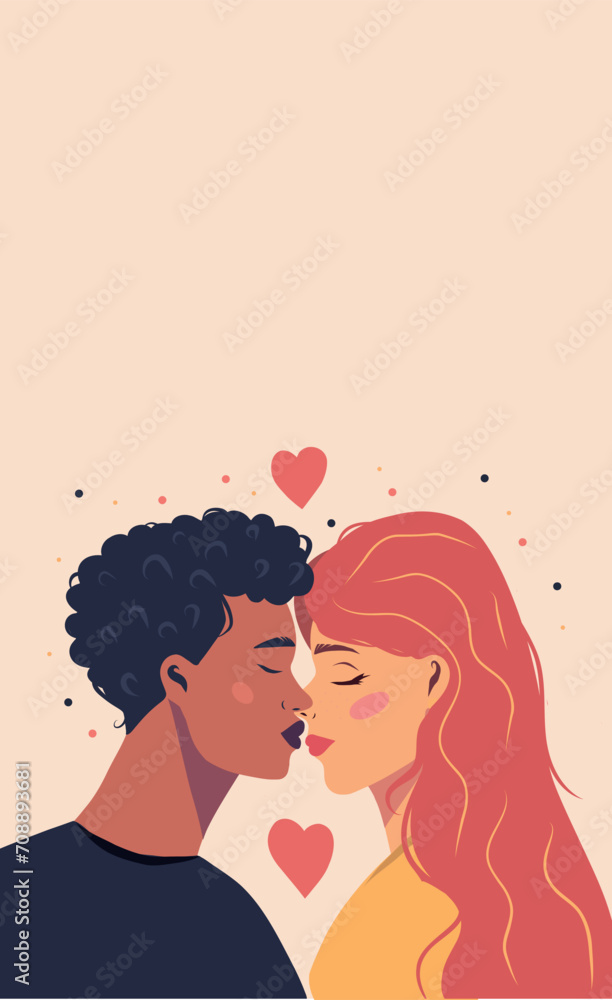 Vector banner love card beautiful couple in love, woman and man, people celebrate Valentine's Day on February 14th. Vector illustration of space for text in flat style