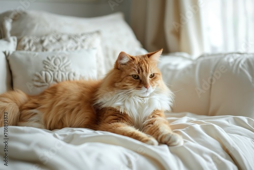 A beautiful ginger and white fluffy cat sitting on the sofa in a living room