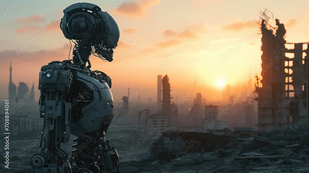 Dramatic portrait of a futuristic humanoid robot cyborg with a slick design, standing in the rain in front of a destroyed city at dawn - Artificial intelligence technology concept