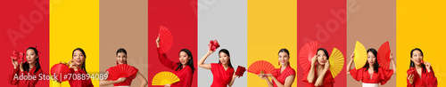 Collage of beautiful Asian women with Chinese symbols and gifts on color background. New Year celebration photo