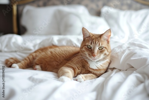 A beautiful ginger fluffy cat lies on a bed on a white sheet in sunlight. Luxury modern interior