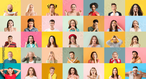 Big collage of emotional people on color background