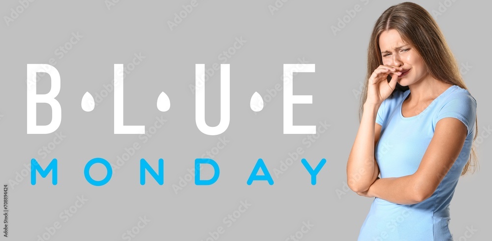 Banner for Blue Monday with crying young woman Banner for Blue Monday with crying young woman