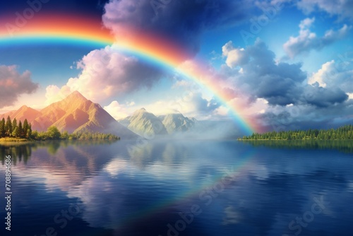 A captivating rainbow graces the sky over a lake with clouds © roy9