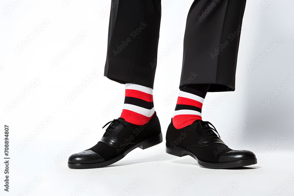 Legs of man in business pants and shoes with funny red, black and white striped socks