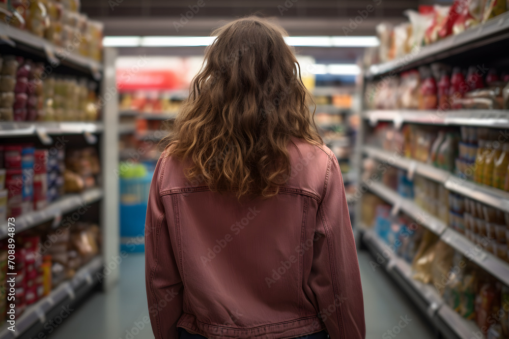 Back view of young woman between aisles in grocery store