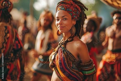 Cultural heritage party of woman in traditional African attire exudes grace amidst a festival of dance. Wear head band, tribal dress bohemian style and boho bracelets accessories