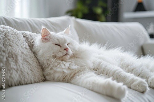 A beautiful white fluffy cat sitting on the sofa in a modern, minimalistic living room