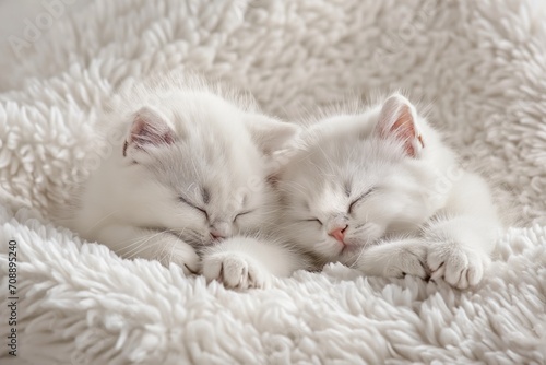 Two charming white kittens sleep together on a beige fluffy blanket in a bed © Darya Lavinskaya