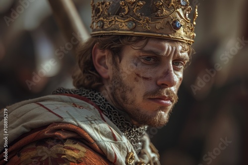 Majestic young king in ornate gold crown, reflecting on battle, with a look of resolve and royalty amidst a medieval setting.