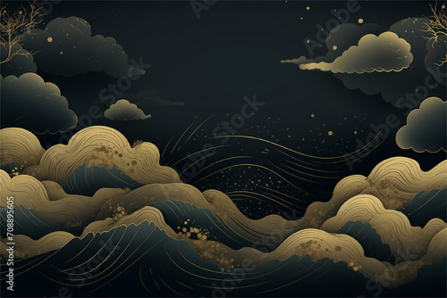 Abstract background in Japanese, Asian, oriental style, golden clouds on a black background.