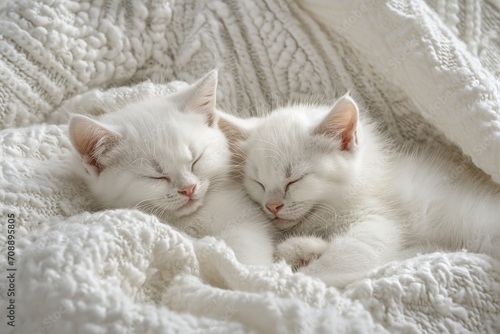 Obraz premium Two charming white kittens sleep together on a beige knitted blanket in a bed