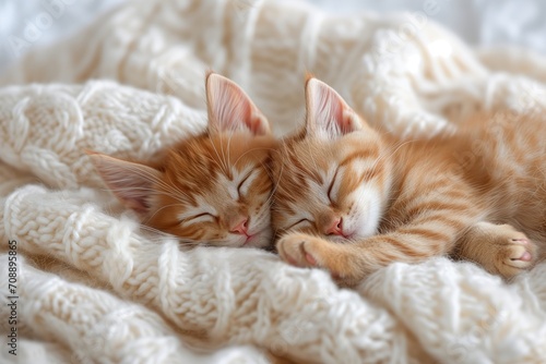 Two charming ginger kittens sleep together on a beige knitted blanket in a bed
