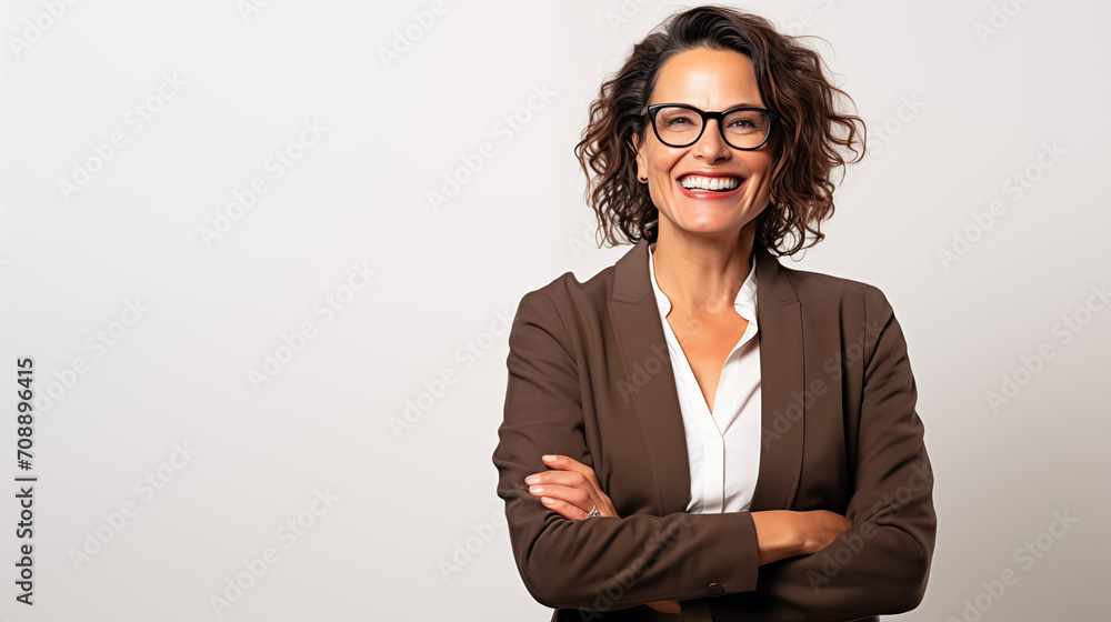A middle-aged brunette businesswoman with glasses, exuding confidence and professionalism, standing with poise over an isolated white background A middle-aged brunette businesswoman with glasses, exuding confidence and professionalism, standing with poise over an isolated white background