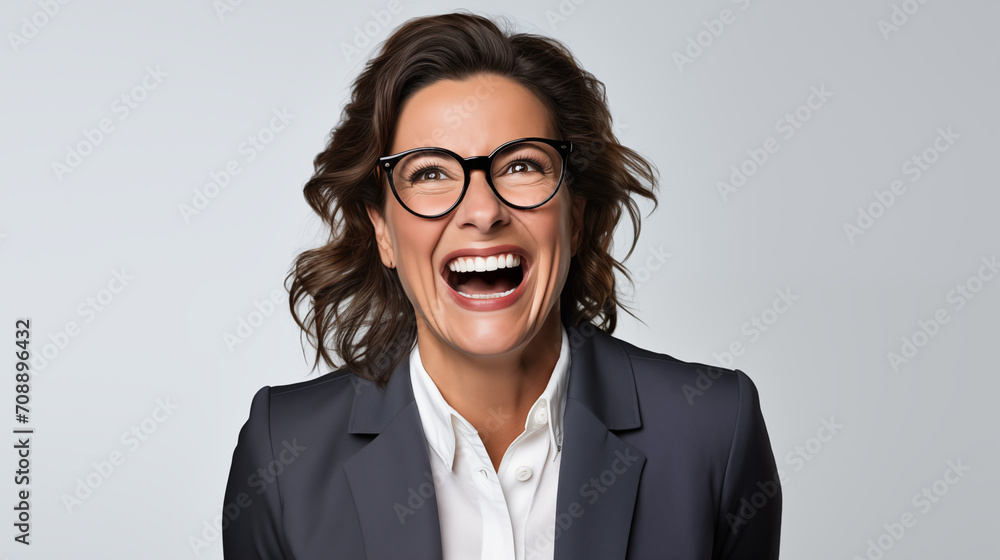 Middle age beautiful businesswoman wearing glasses standing over isolated white background with a happy and cool smile on face