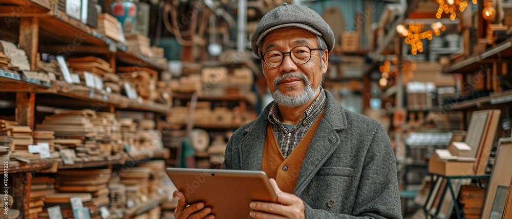Asian businessman uses iPad while standing in front of wood craft shop Asian businessman uses iPad while standing in front of wood craft shop