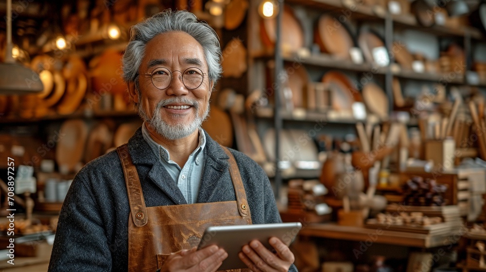 Asian businessman uses iPad while standing in front of wood craft shop Asian businessman uses iPad while standing in front of wood craft shop