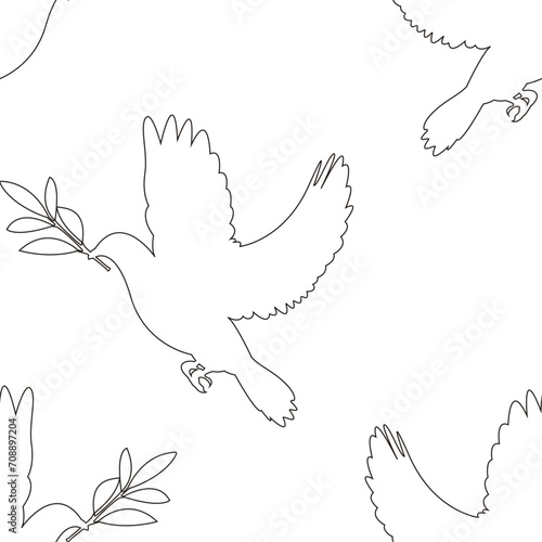 Patrón con estampado de la paloma blanca de la paz sujetando una rama de olivo con el pico en trazo negro sobro fondo blanco
