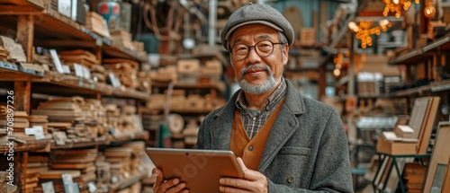 Asian businessman uses iPad while standing in front of wood craft shop