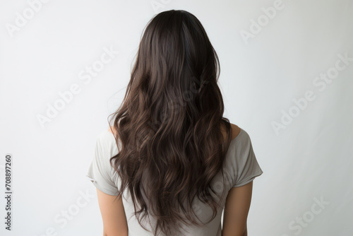 Beauty in Motion: A Captivating Portrait of a Young Woman with Long, Healthy Hair Styled in a Trendy Brunette Coiffure, Posing in a Studio with a White Background.