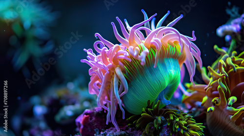 Underwater corals, anemones close-up. Beautiful, neon colors 