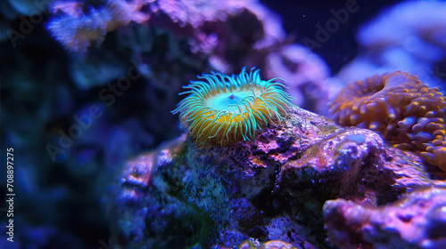 Underwater corals  anemones close-up. Beautiful  neon colors 