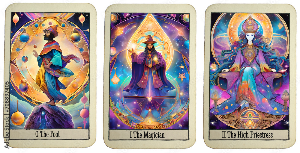 The first three Tarot cards of the major arcana on transparent background. The fool, the magician and the high priestress