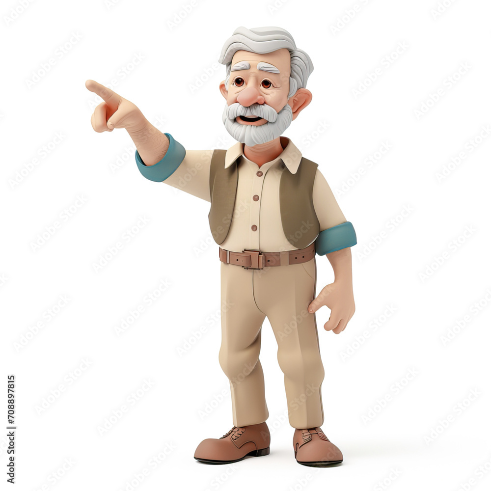 Grandpa in 3D style on a white background points his finger up
