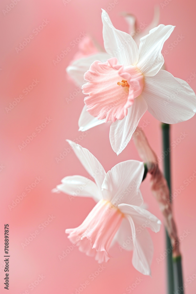 Pink daffodil flower soft elegant vertical background, card template