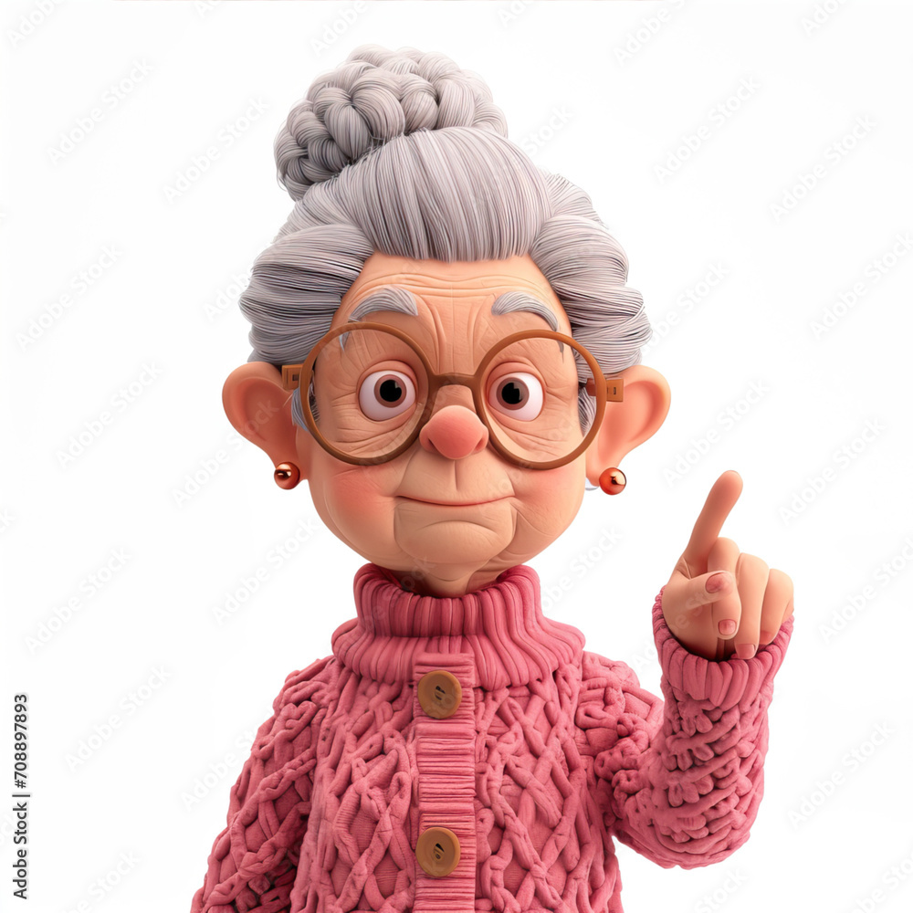 Cartoon 3d character sweet granny in a knitted pink sweater on a white background points his finger to the side
Cartoon 3d character sweet granny in a knitted pink sweater on a white background points his finger to the side