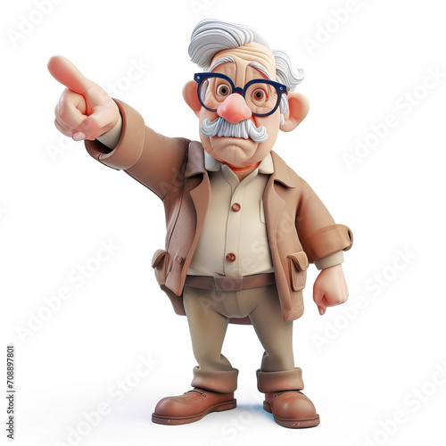 Grandpa in 3D style on a white background points his finger up
