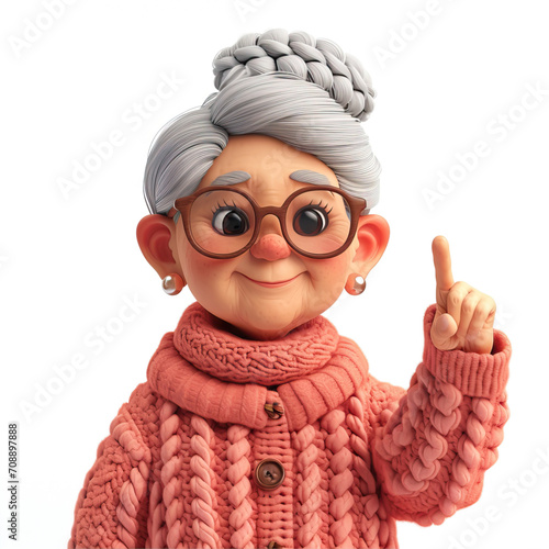 Cartoon 3d character sweet granny in a knitted pink sweater on a white background points her finger up
