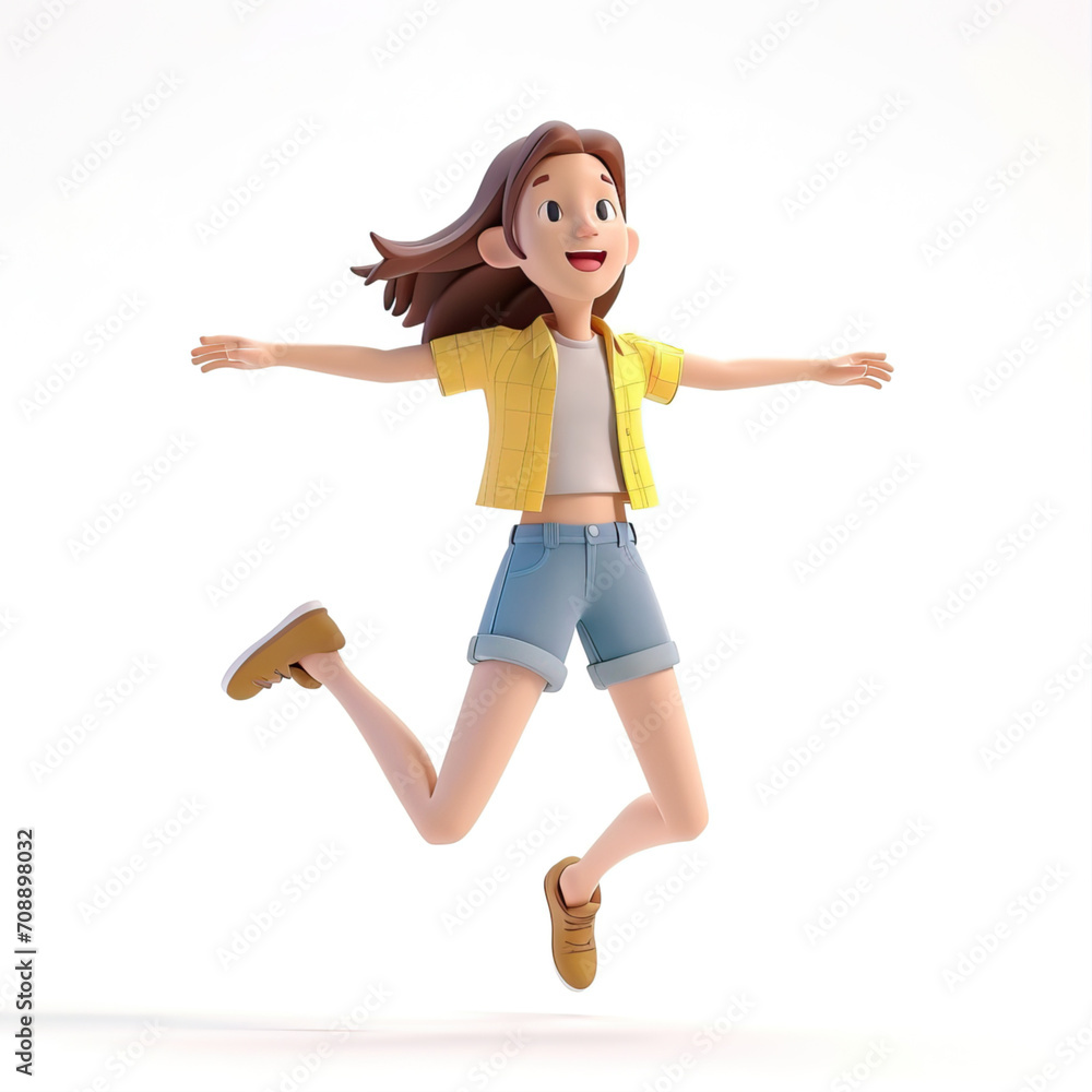 Cartoon 3d character girl jumping happy on white background
Cartoon 3d character girl jumping happy on white background