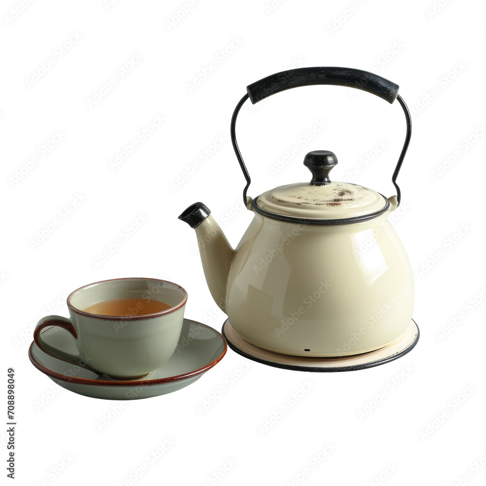 An elegant teapot and cup with a sleek, minimalist design on a transparent background.