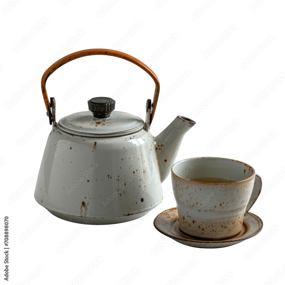 An elegant teapot and cup with a sleek, minimalist design on a transparent background.