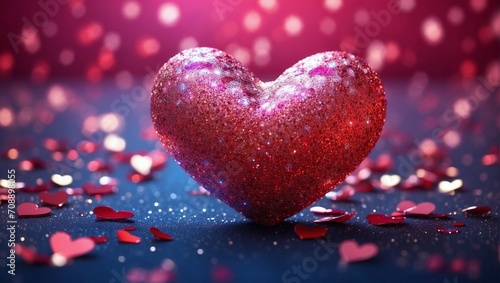 Beautiful 3D heart shapes sparkling and heart particles in blurred light background with space for text. Valentine s Day  Mother s Day or Wedding concept