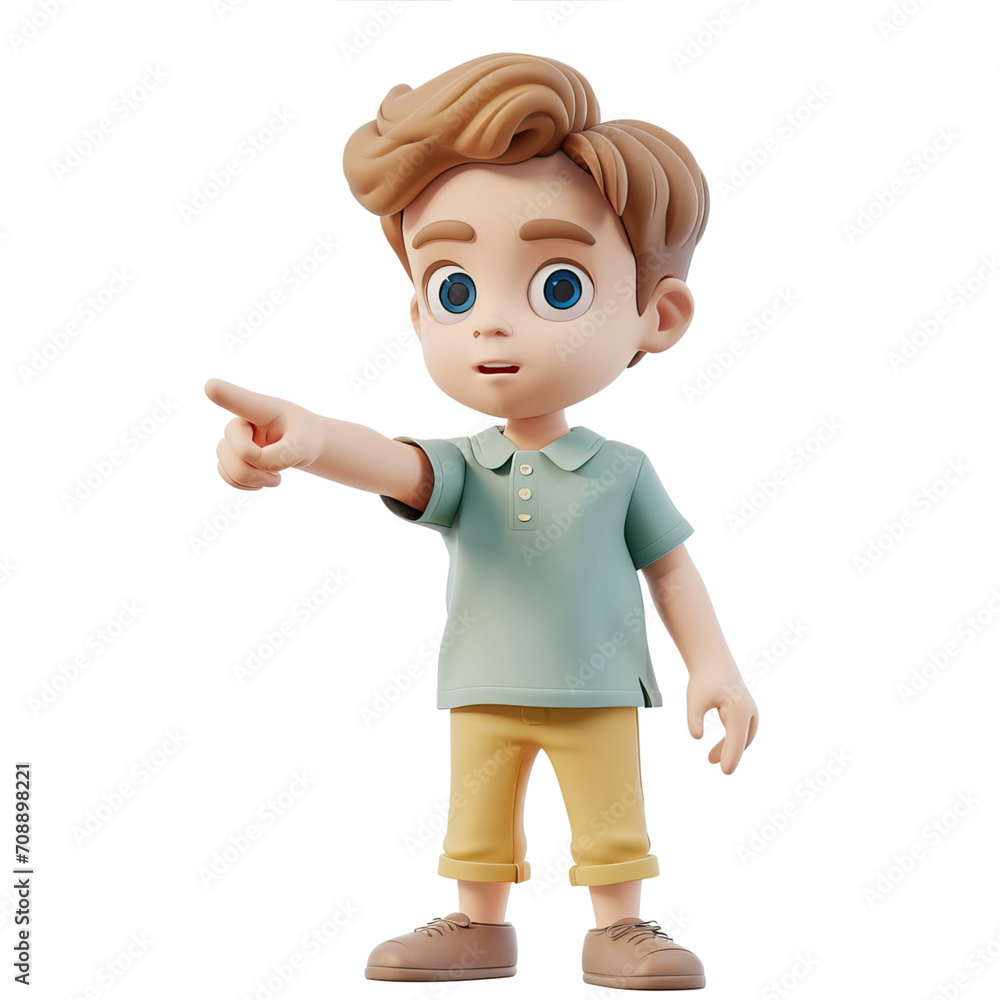 Cartoon 3d character little boy on a white background points his finger to the side
Cartoon 3d character little boy on a white background points his finger to the side