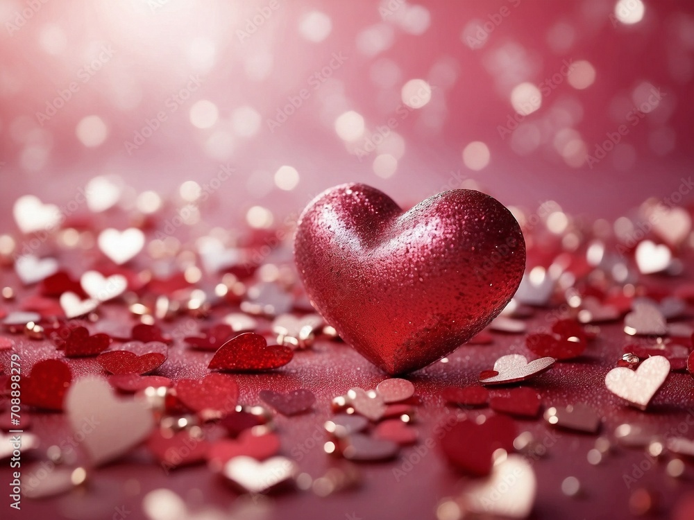 Obraz premium Beautiful 3D heart shapes sparkling and heart particles in blurred light background with space for text. Valentine's Day, Mother's Day or Wedding concept