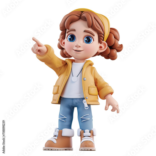 Cartoon 3d character little girl in a yellow jacket on a white background points her finger to the side
