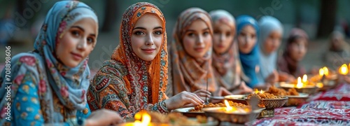 Muslim women celebrating Eid Mubarak pray before eating at an outdoor community feast.