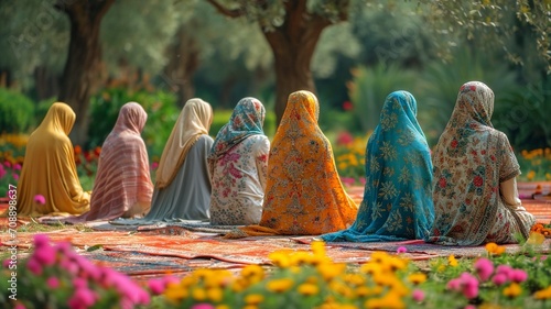 Muslim women celebrating Eid Mubarak pray before eating at an outdoor community feast.